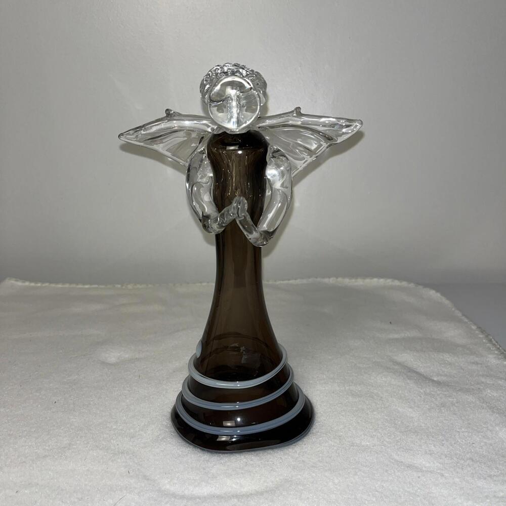 Art Glass Blown Glass Angel Figurine White And Dark Brown 11” Tall
